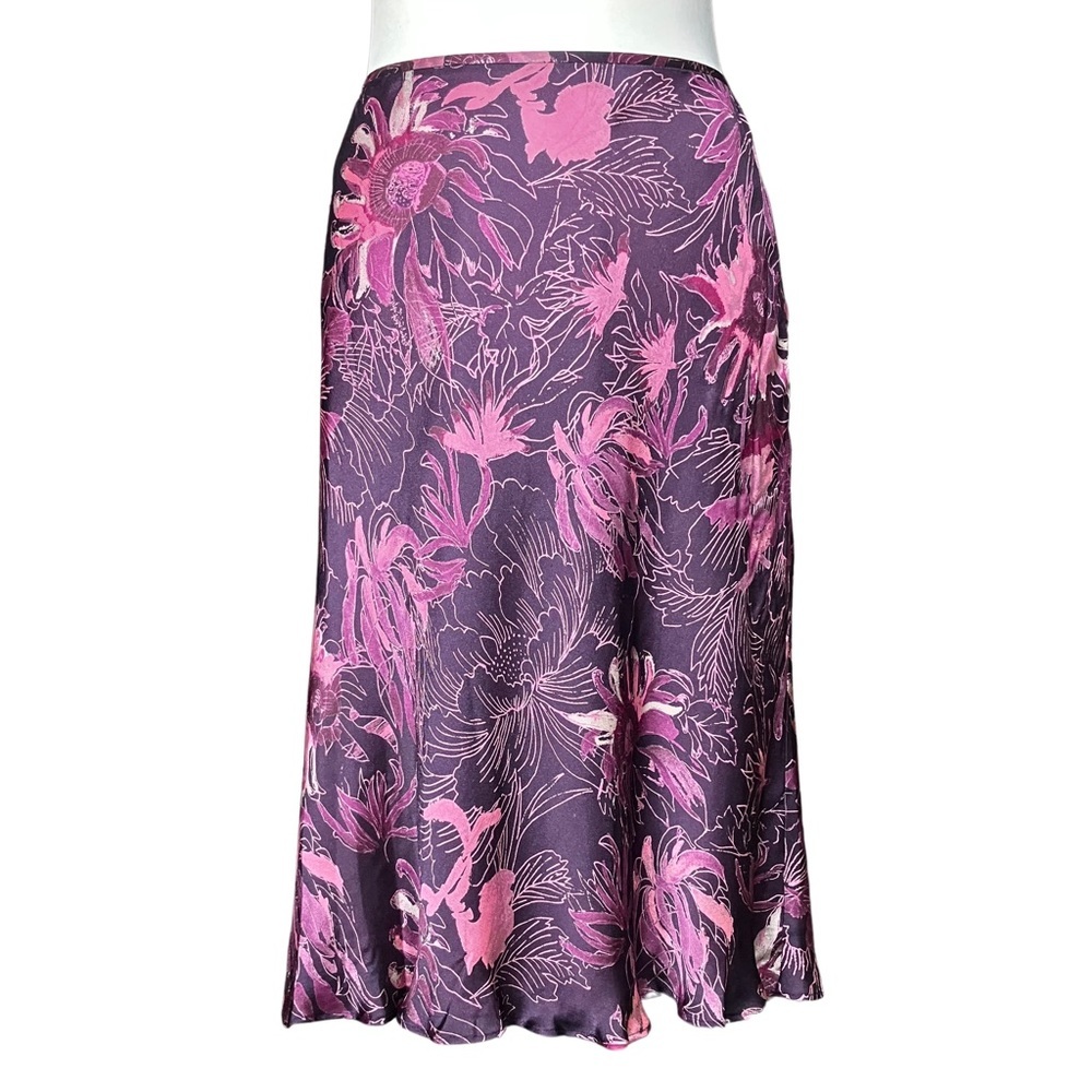 Vintage 90s Y2K Purple Floral 100% Silk Midi Skirt. XS. Cottagecore Bohemian